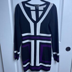 INC V-Neck Sheath Mini Dress Blk/Purple Geo Design SZ-L